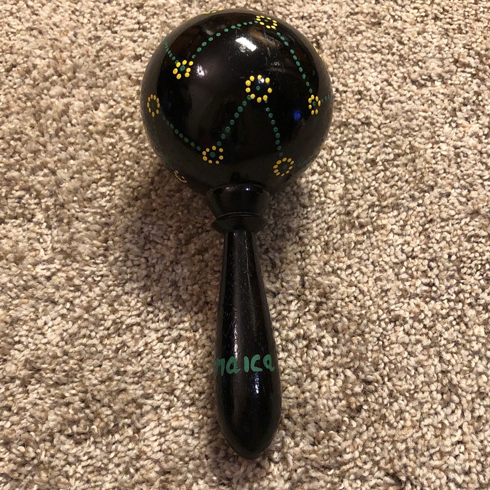 Black Maraca with Yellow and Green Dots Marked with Jamaica